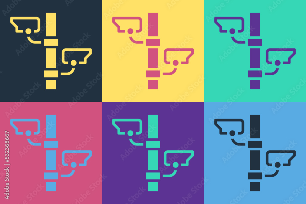 Poster pop art security camera icon isolated on color background. vector