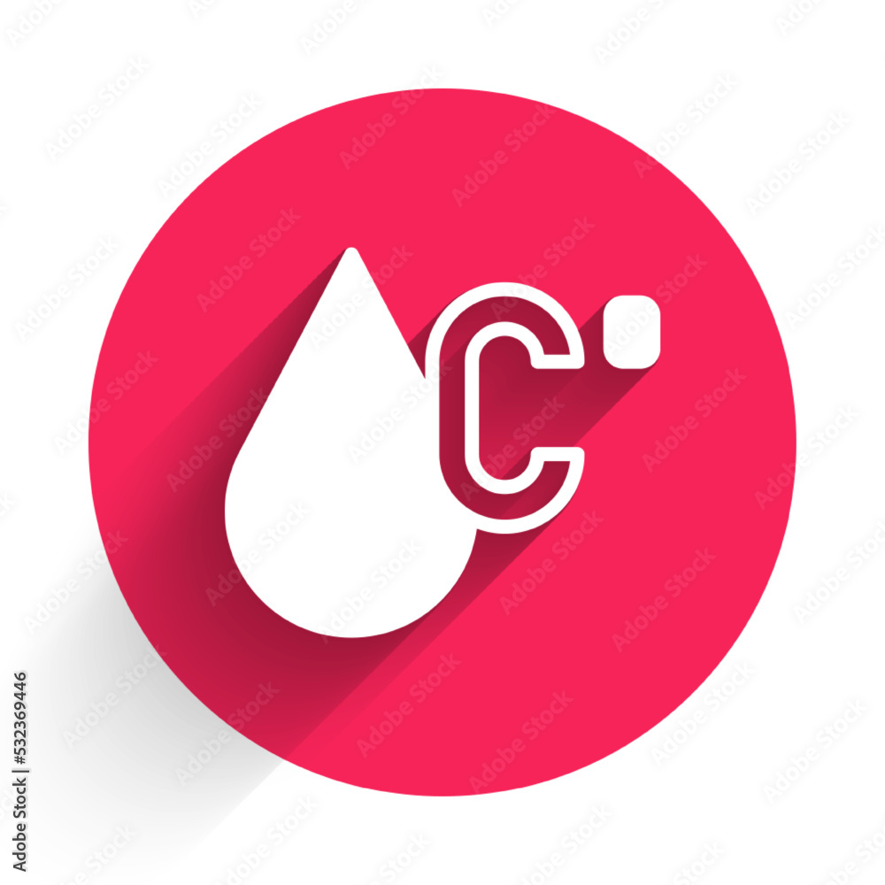 Poster white water temperature icon isolated with long shadow background. red circle button. vector