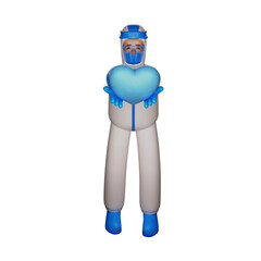 3D illustration. A Humble Paramedic 3D Character Hazmat has a big blue heart. raise both hands forward. showing an adorable expression. 3D Cartoon Character