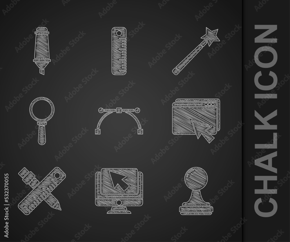 Poster set bezier curve, computer monitor and cursor, stamp, web design development, crossed ruler pencil, 