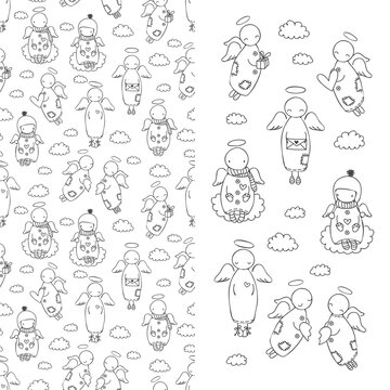 Set of characters angels in the sky with clouds and seamless pattern, childish doodle vector illustration