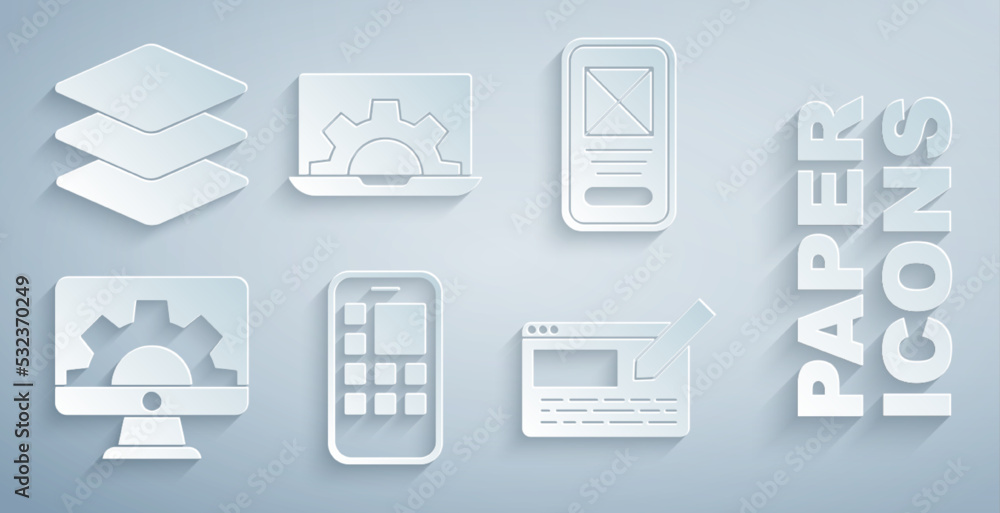 Poster set mobile apps, ui or ux design, web development, and layers icon. vector