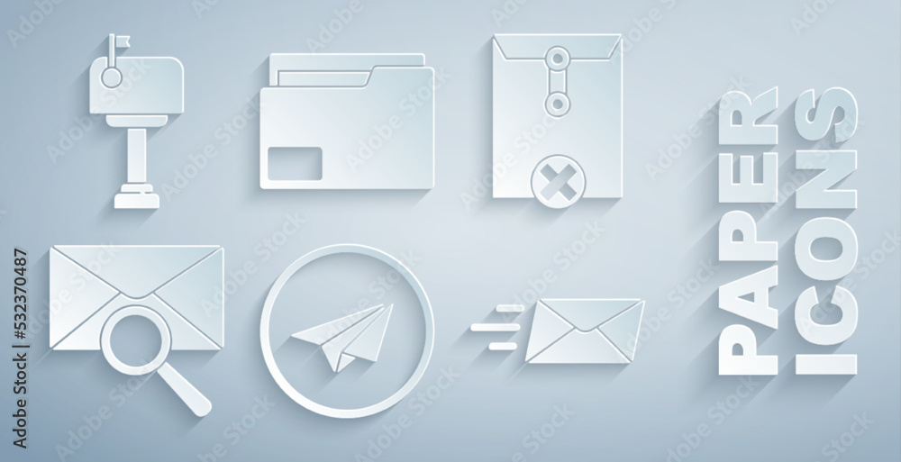 Poster set paper plane, delete envelope, envelope with magnifying glass, express, document folder and mail 