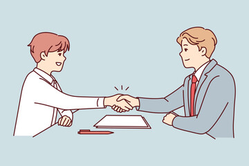 Smiling businessmen sit at desk shaking hands closing deal. Happy male partners handshake make agreement at office meeting. Vector illustration. 