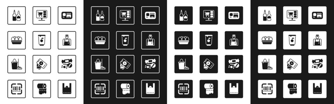 Set Identification badge, Yogurt container, Chicken egg box, Whiskey bottle, Seller, Shopping cart computer, Candy and Mop bucket icon. Vector