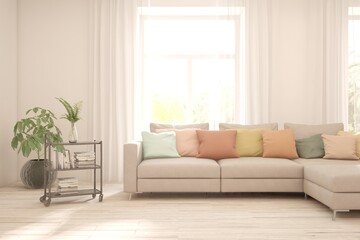 White living room with sofa. Scandinavian interior design. 3D illustration