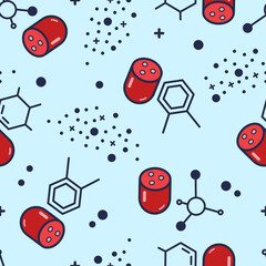 Seamless pattern on theme of fake meat grown in laboratory. Sausages and chemical elements on blue background.