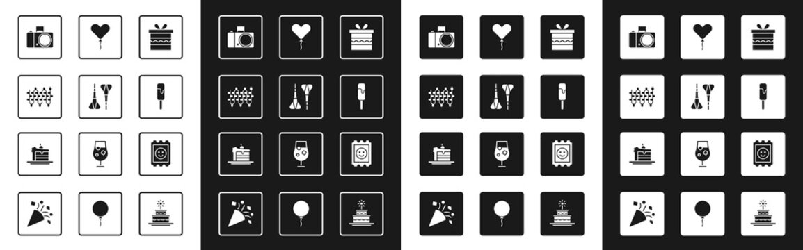 Set Gift Box, Dart Arrow, Christmas Lights, Photo Camera, Ice Cream, Balloon In Form Of Heart, LSD Acid Mark And Cake Icon. Vector