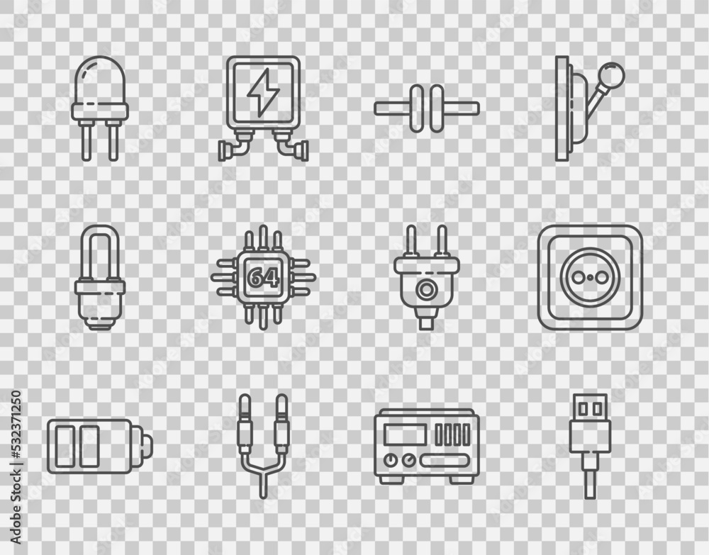 Poster set line battery charge level indicator, electric circuit scheme, audio jack, light emitting diode, 