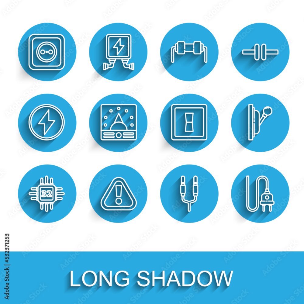 Poster set line processor with microcircuits cpu, exclamation mark in triangle, electrical outlet, audio ja
