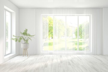 White empty room with summer landscape in window. Scandinavian interior design. 3D illustration