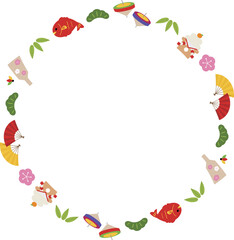 お正月の円形フレーム　縁起物