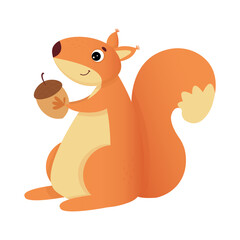 Cute cartoon squirrel with acorn. Vector illustration isolated on white background