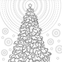Big Christmas tree with garland, balls, star shining. Coloring book page for adult with doodle and zentangle elements. Vector hand drawn isolated.