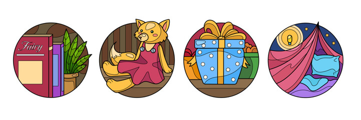 Vector set with children icons for web, app, game, stickers. Illustrations of fox toy, books, gifts, bedroom isolated graphic.