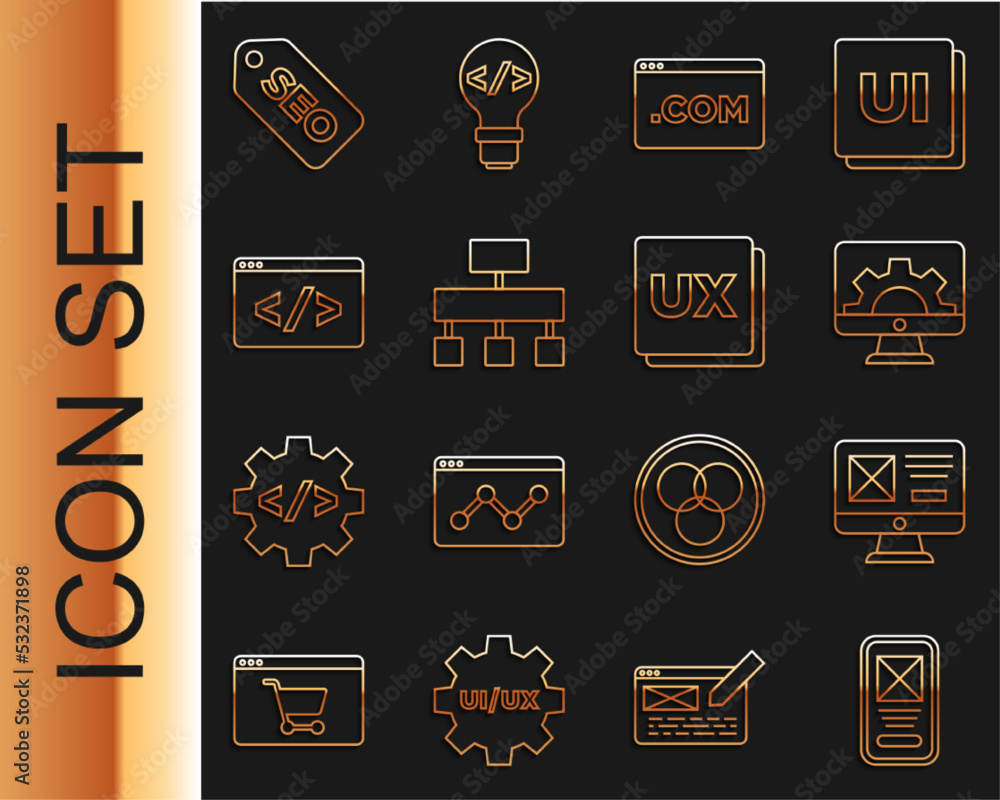 Poster set line ui or ux design, web development, site map, front end, seo optimization and icon. vector
