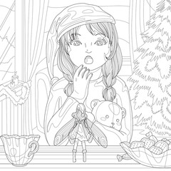 Girl meet fairy with cookies near Christmas tree night tale. Coloring book page for adult with doodle and zentangle elements. Vector hand drawn isolated.