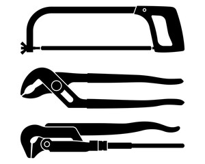 Plumbing tools icons. Hacksaw. Pliers. Pipe wrench. Silhouette vector