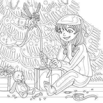Girl packing gifts with fairy near Christmas tree at home for holidays. Coloring book page for adult with doodle and zentangle elements. Vector hand drawn isolated.