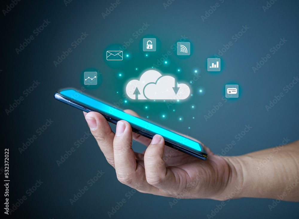 Poster cloud computing concept, connect communication equipment information and technology with cloud compu