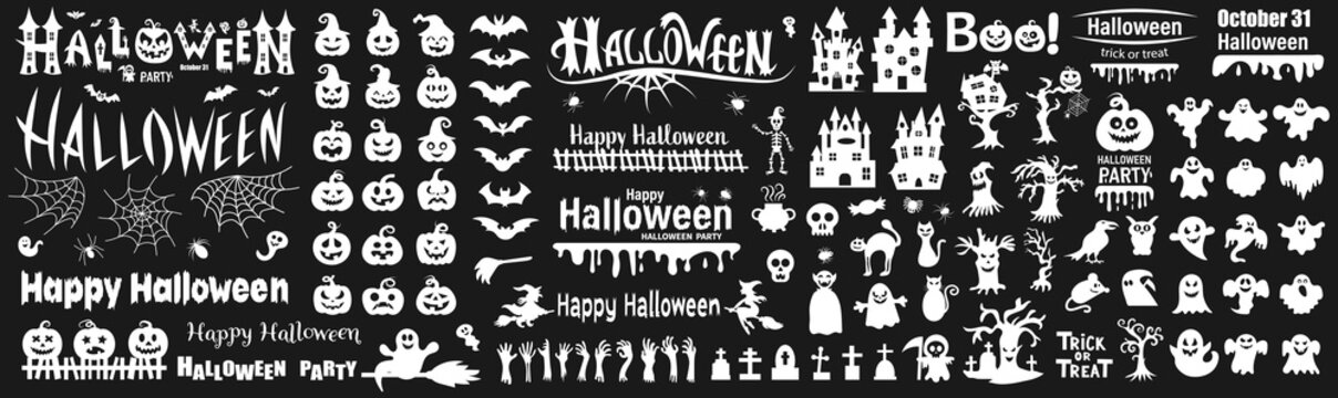Big set of silhouettes of Halloween on a black background. Vector illustration