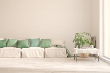 White living room with sofa. Scandinavian interior design. 3D illustration
