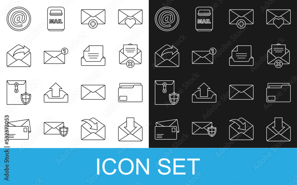 Poster Set line Envelope, Document folder, Delete envelope, Received message concept, Outgoing mail, Mail and e-mail and Drawer with document icon. Vector