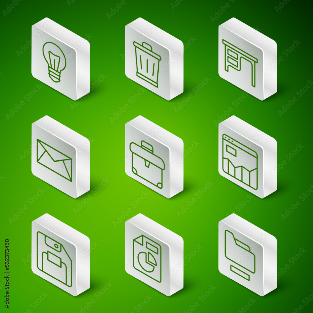 Poster set line document folder, with graph chart, light bulb, briefcase, mail and e-mail, trash can, flopp