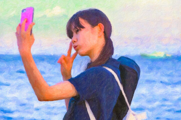 海岸でスマホで自分を写す少女　絵画調