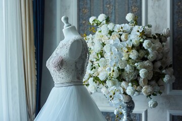 Lace and embroidery on fabric with beads wedding dresses