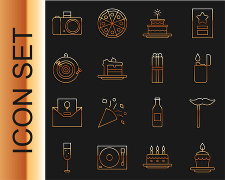 Set line Cake with burning candles, Paper mustache on stick, Lighter, Classic dart board arrow, Photo camera and Gift box icon. Vector