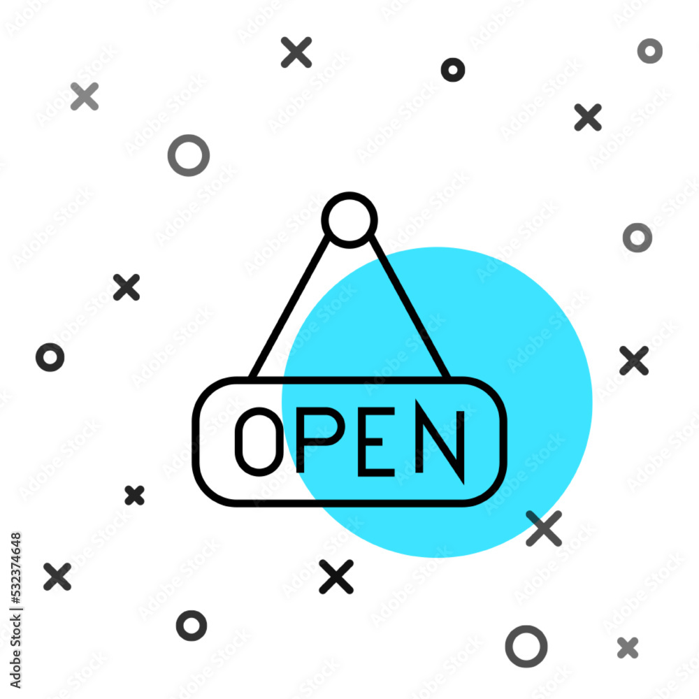 Poster Black line Hanging sign with text Open door icon isolated on white background. Random dynamic shapes. Vector