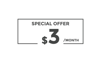 $3 USD Dollar Month sale promotion Banner. Special offer, 3 dollar month price tag, shop now button. Business or shopping promotion marketing concept
