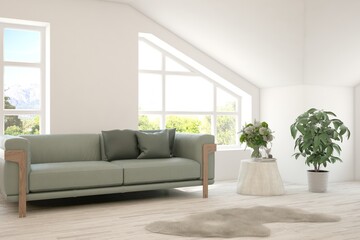 Fototapeta premium Minimalist living room in white color with sofa and summer landscape in window. Scandinavian interior design. 3D illustration