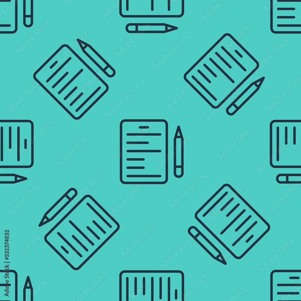 Poster black line scenario icon isolated seamless pattern on green background. script reading concept for a