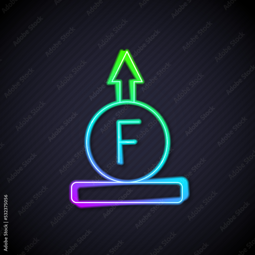 Poster glowing neon line force of physic formula calculation icon isolated on black background. vector