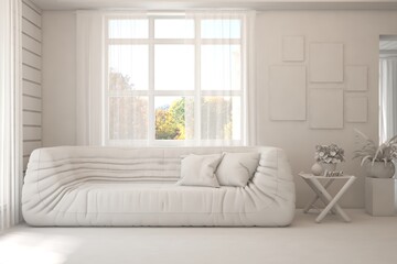White minimalist living room with sofa. Scandinavian interior design. 3D illustration