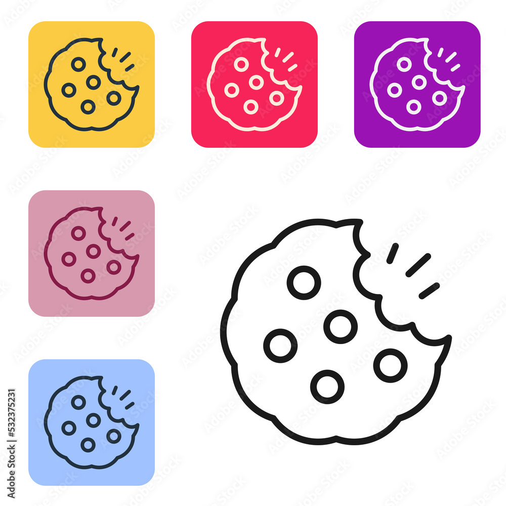 Poster black line cookie or biscuit with chocolate icon isolated on white background. set icons in color sq