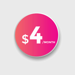 4 dollar price tag. Price $4 USD dollar only Sticker sale promotion Design. shop now button for Business or shopping promotion
