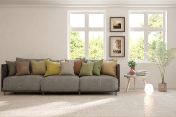White living room with sofa and summer landscape in window. Scandinavian interior design. 3D illustration