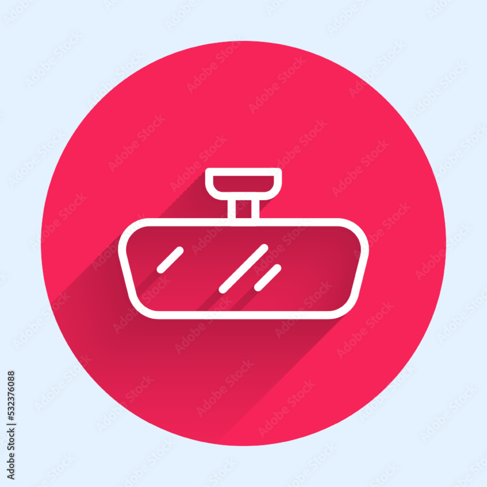 Poster white line car mirror icon isolated with long shadow background. red circle button. vector