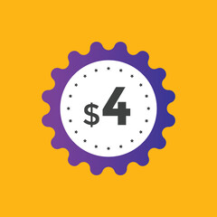 4 dollar price tag. 4$ dollar USD price symbol. price 4 Dollar sale banner in USD. Business or shopping promotion marketing concept
