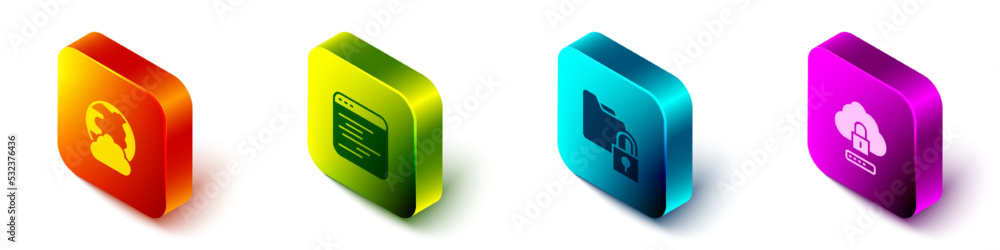 Poster set isometric social network, software, folder and lock and cloud computing icon. vector