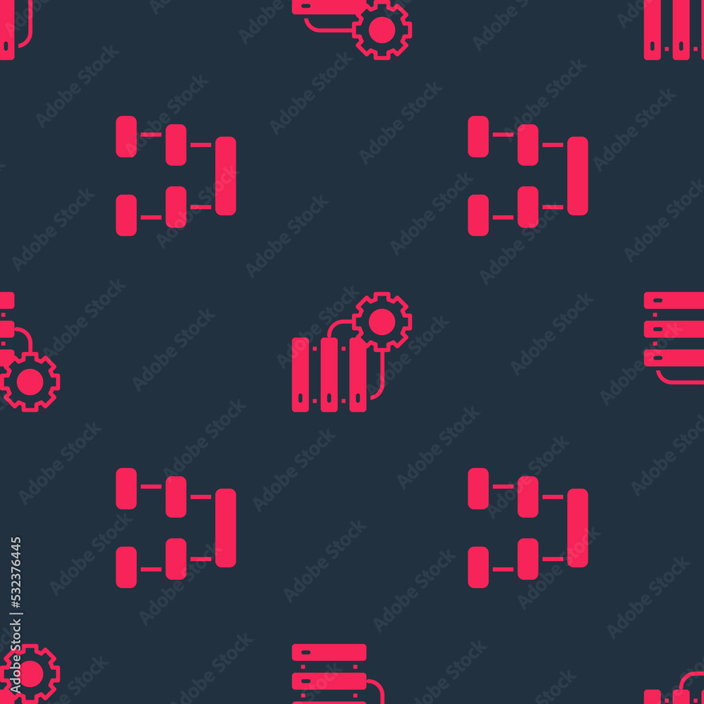 Poster set hierarchy organogram chart and server and gear on seamless pattern. vector
