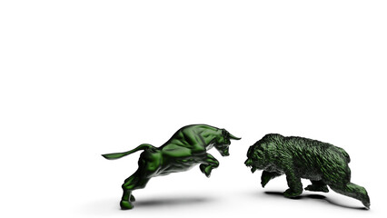 Fototapeta premium Gold bull and bear sculpture staring at each other in dramatic contrasting light representing financial market trends under white background. Concept images of stock market. 3D CG. PNG format.