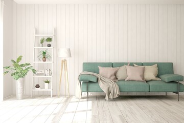 White living room with sofa. Scandinavian interior design. 3D illustration