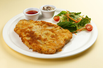 Turkey schnitzel and salad in a plate on a light background.