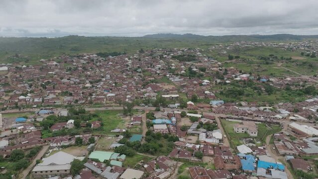 AERIAL - Cityscape In Jos Plateau, Nigeria, Forward Wide Shot