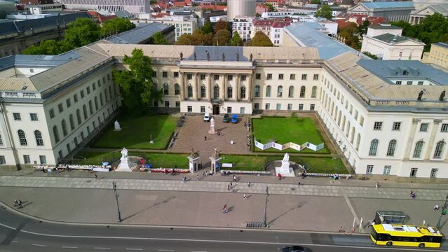 Gorgeous aerial view flight panorama orbit drone
of Monument Max Planck Humboldt University unter den Linden in Berlin Germany at summer day 2022. 4k Marnitz Cinematic from above