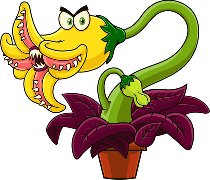 Angry Evil Carnivorous Plant Cartoon Character. Hand Drawn Illustration Isolated On Transparent Background
